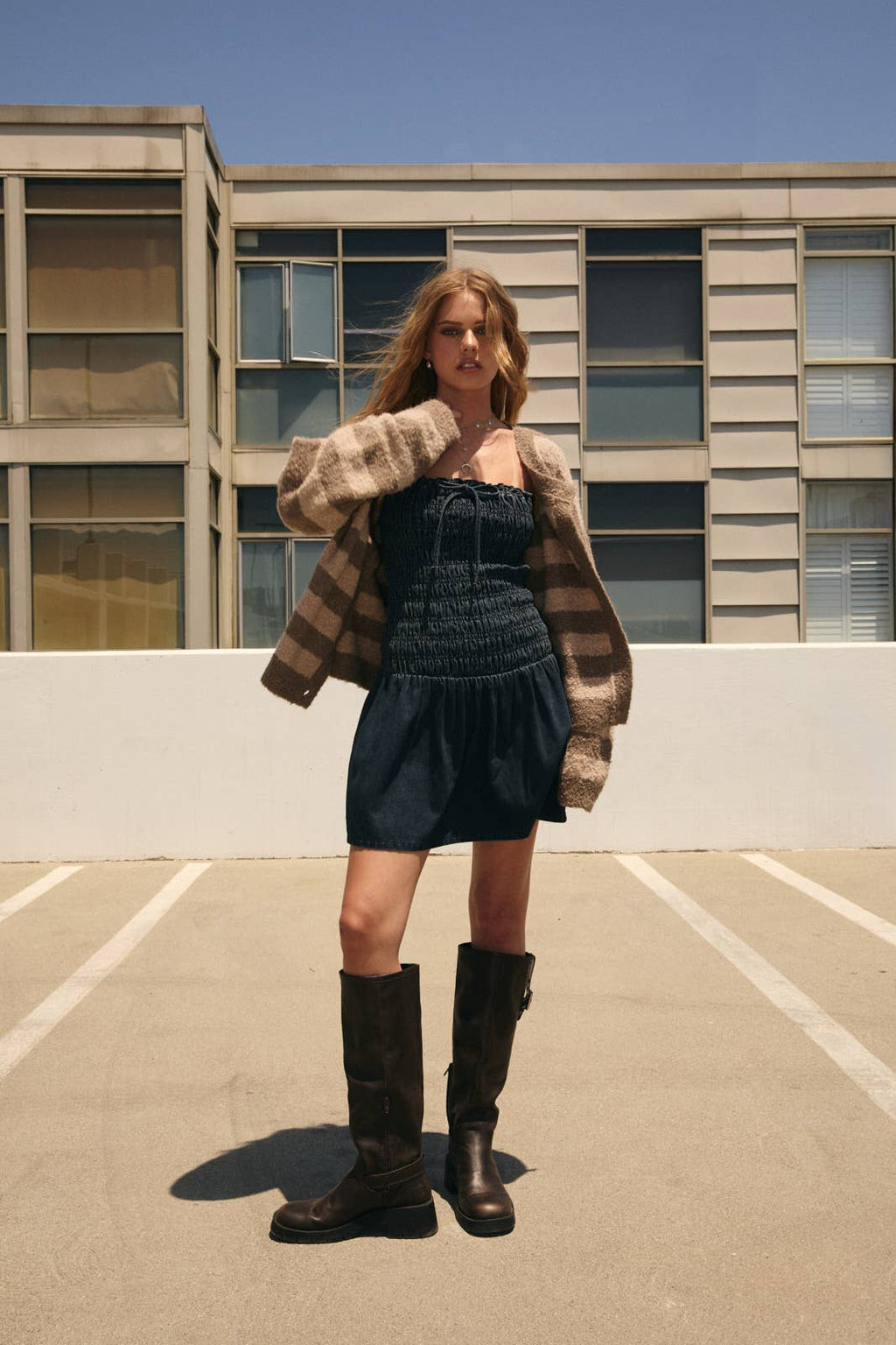 SMOCKING BODICE DENIM TUBE DRESS