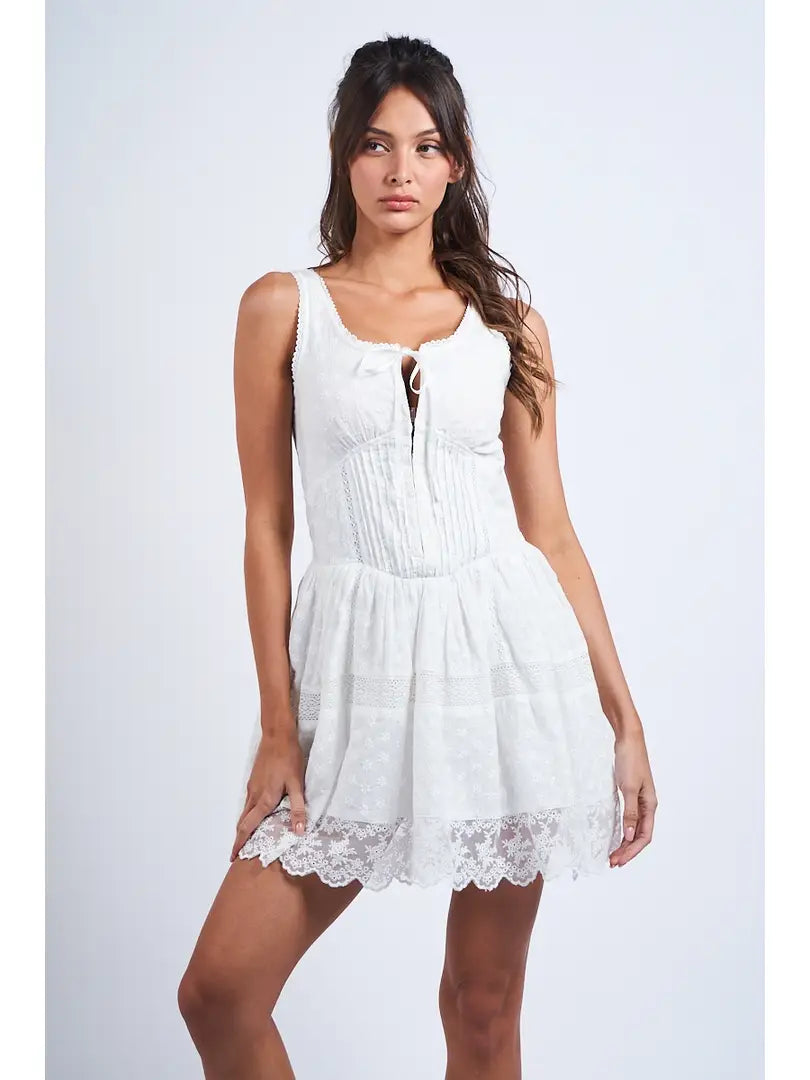 White Floral Eyelet Sleeveless Lace Mini Dress
