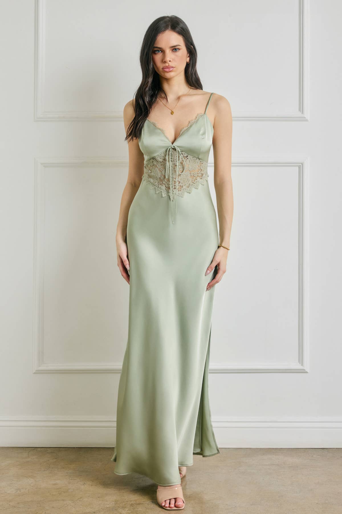 Satin Lace Detail Maxi Dress