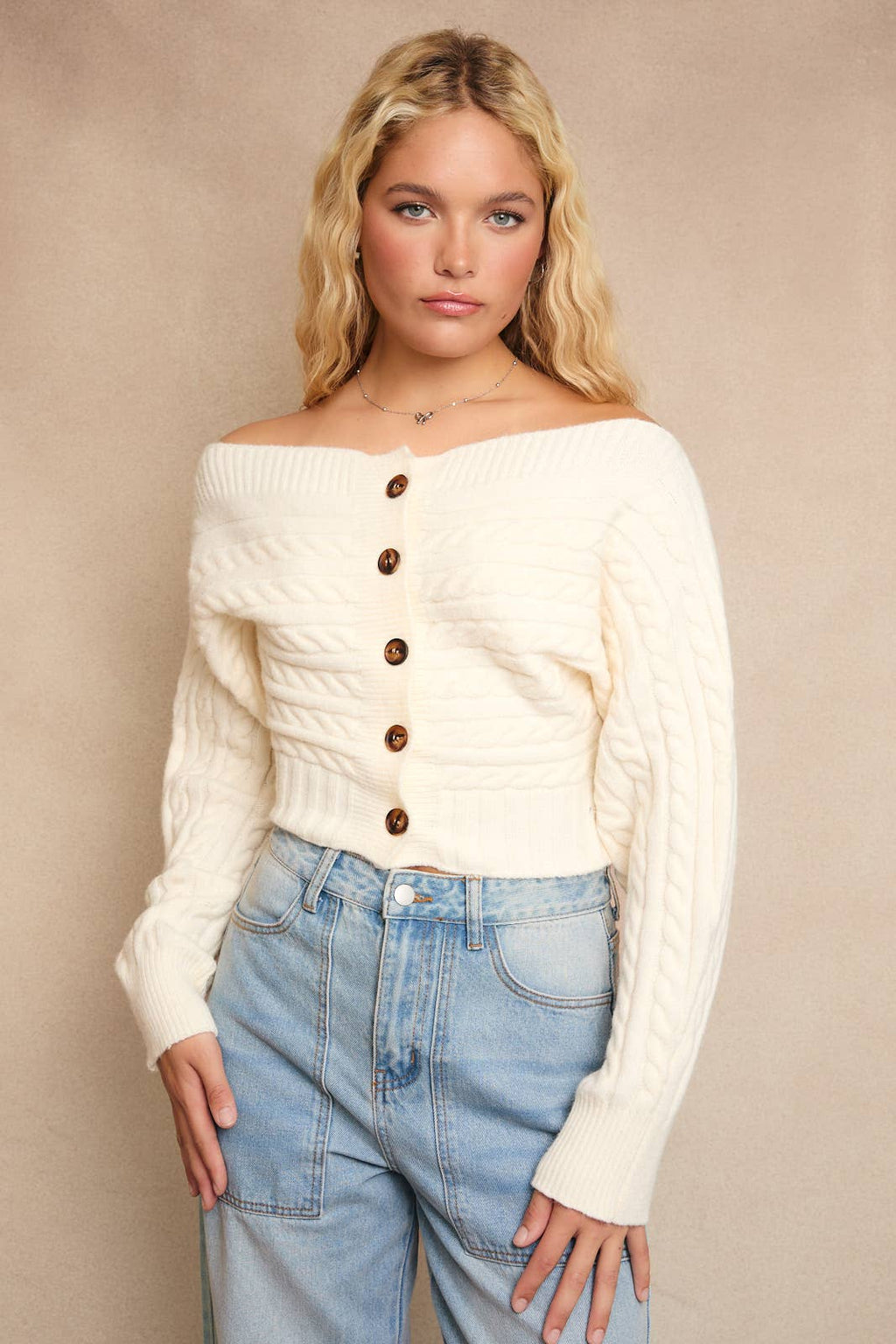 Off-Shoulder Button Sweater