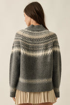 Fair Isle Knit Button-Front Raglan-Sleeve Cardigan