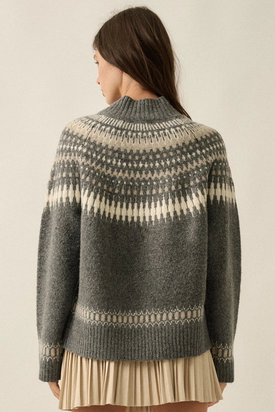 Fair Isle Knit Button-Front Raglan-Sleeve Cardigan