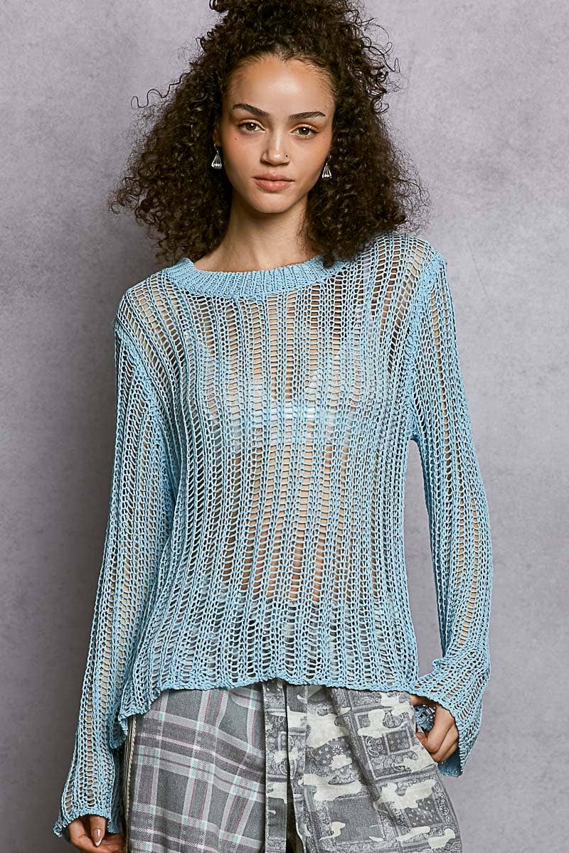 Round Neck Open-Knit Long Sleeve Sheer Sweater Top