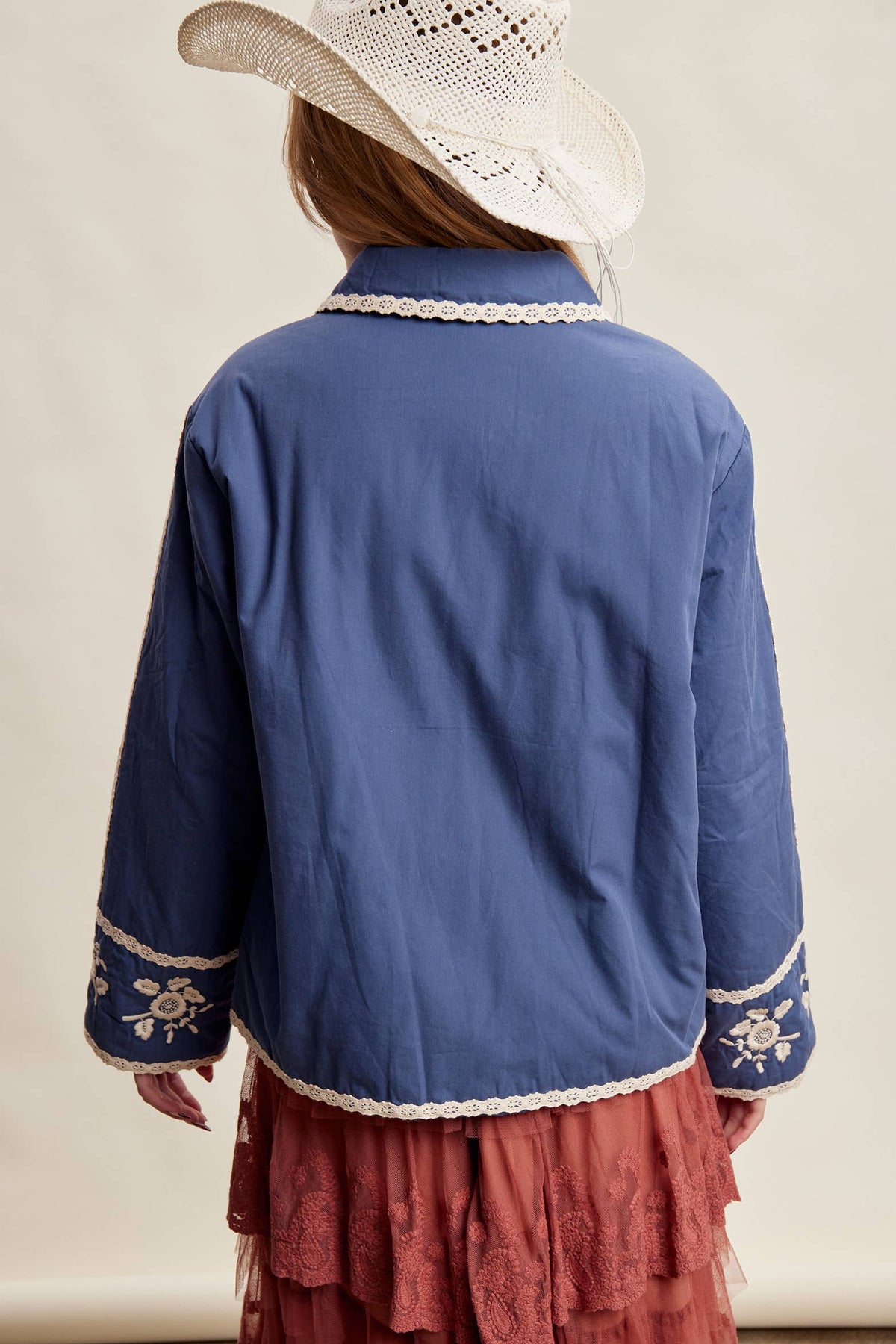 Embroidered Lace Trim Quilted Jacket