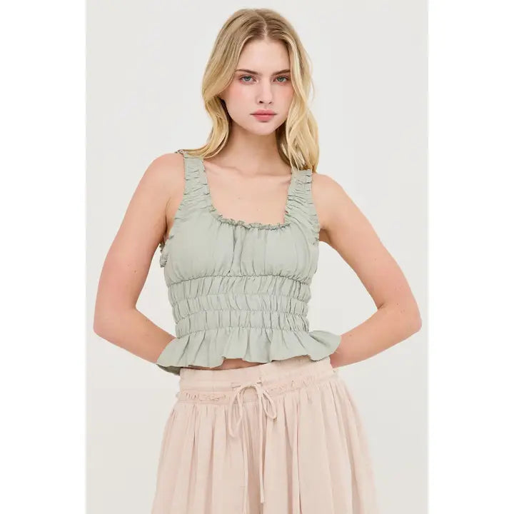 Ruched Square Neck Smocked Top