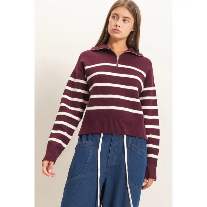 Half-Zip Collared Stripe Sweater