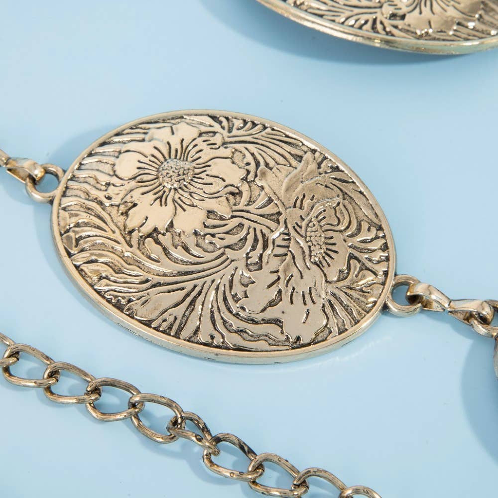 Flower Engraved Oval Concho Chain Belt