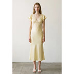 Satin Lace Flounce Sleeve Midi Dress