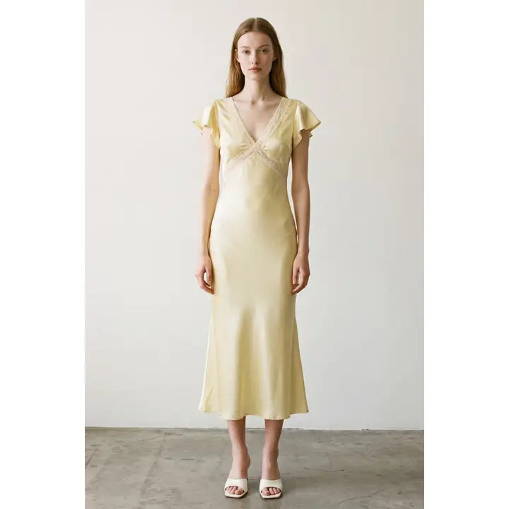 Satin Lace Flounce Sleeve Midi Dress