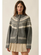 Fair Isle Knit Button-Front Raglan-Sleeve Cardigan