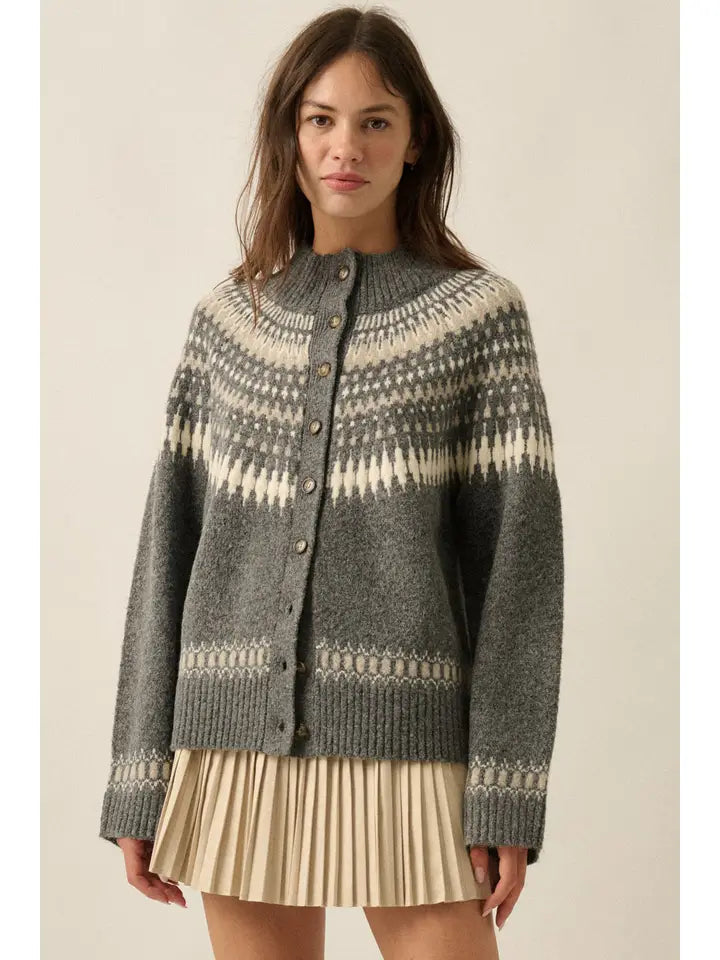 Fair Isle Knit Button-Front Raglan-Sleeve Cardigan