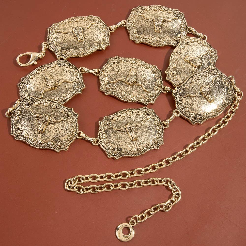Western Longhorn Engraved Chain Belt