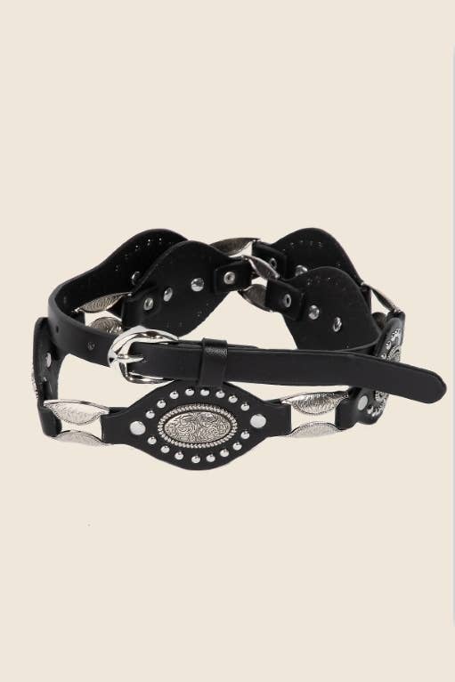 Faux Leather Oval And Concho Chain Belt