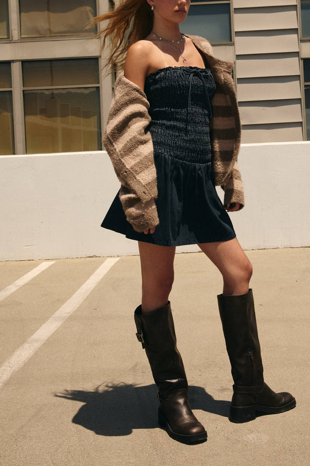 SMOCKING BODICE DENIM TUBE DRESS