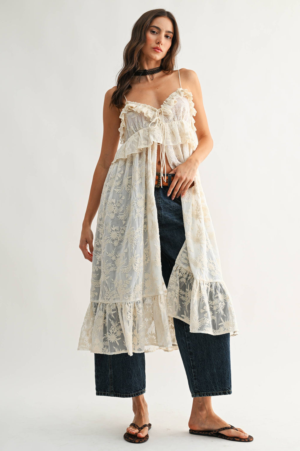 Sheer Floral Lace Ruffle Cover Up Top