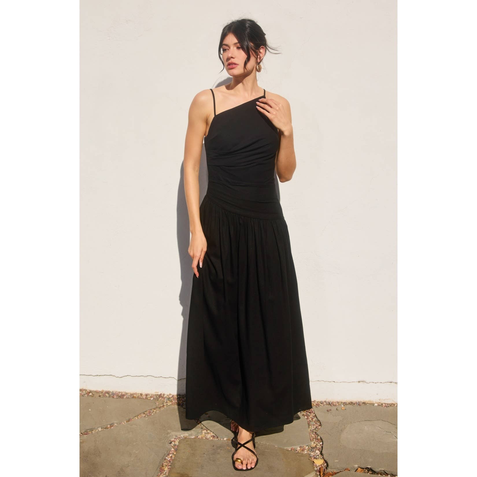 Linen Drop Waist Ruched Maxi Dress