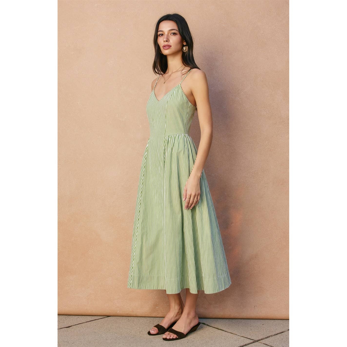 Stripe Gathered Hip Midi Dress