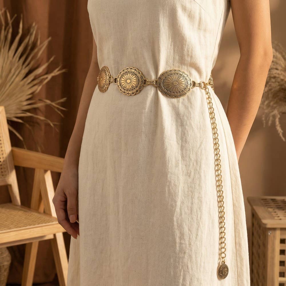Ornate Oval Western Concho Disc Chain Belt