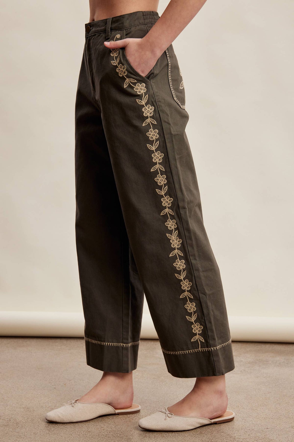 Floral Embroidered Cropped Wide-Leg Pants
