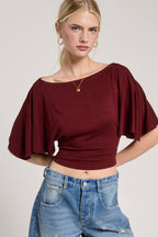 Batwing Short Sleeve Tie Back Knit Top