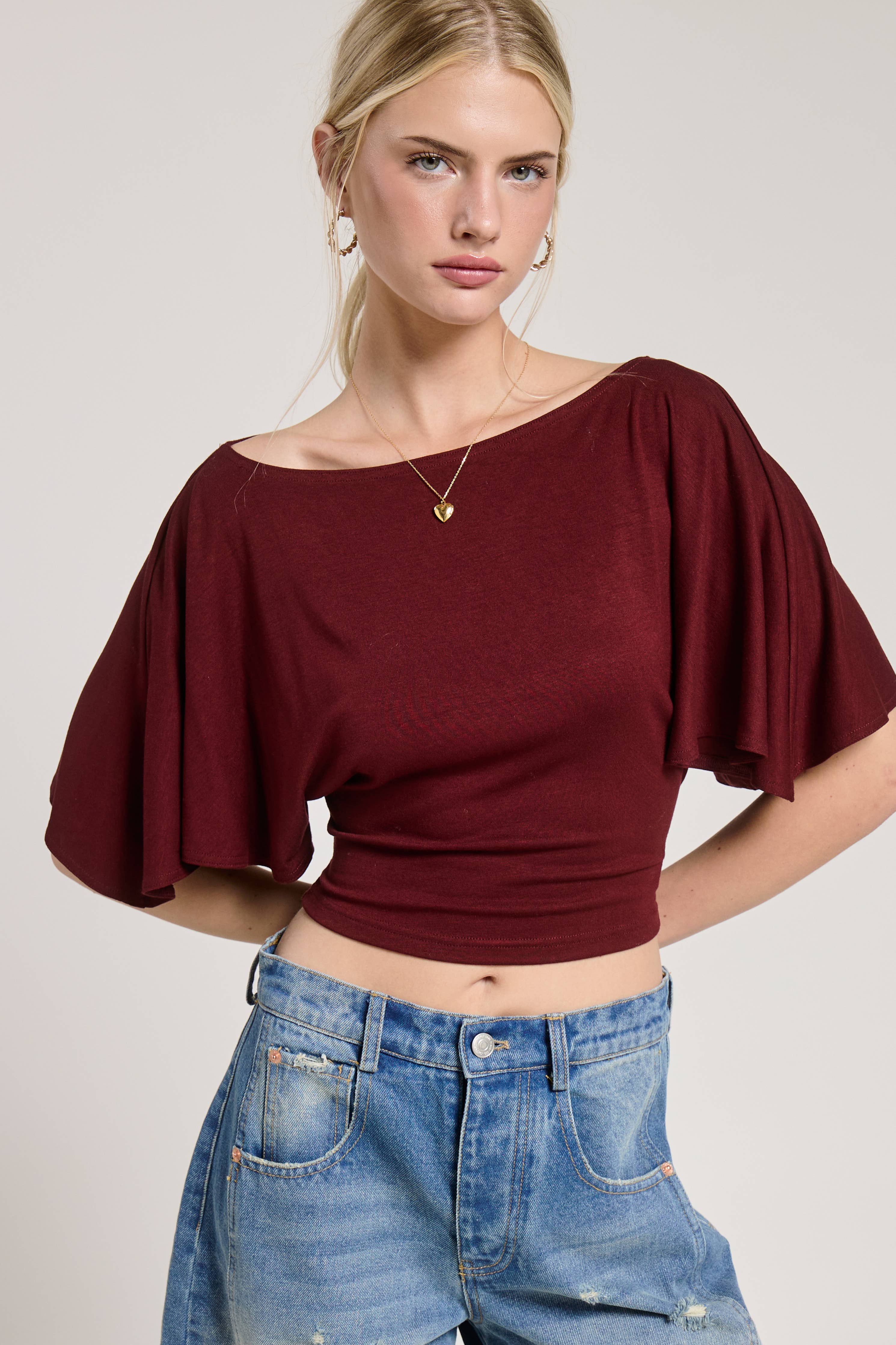Batwing Short Sleeve Tie Back Knit Top