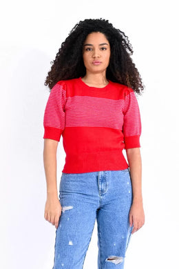 Short Sleeve Striped Red Sweater
