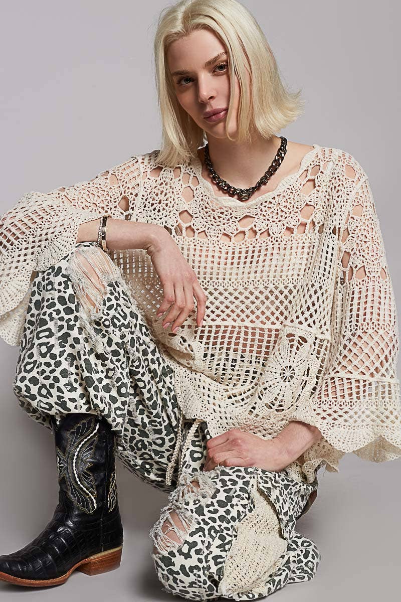 Round Neck Long Sleeve Crochet Top