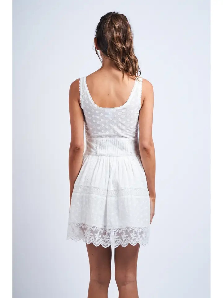 White Floral Eyelet Sleeveless Lace Mini Dress