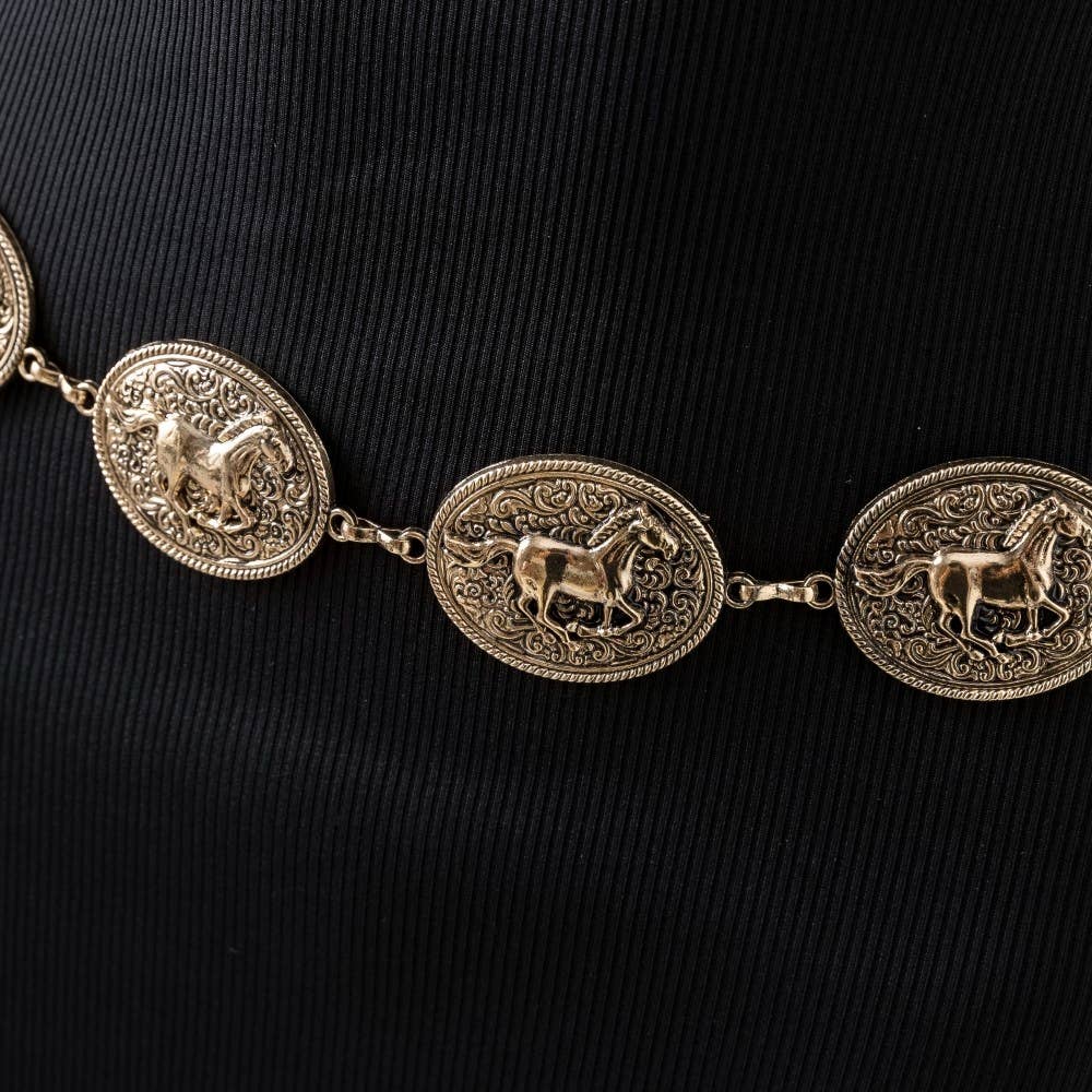Western Horse Engraved Concho Chain Belt
