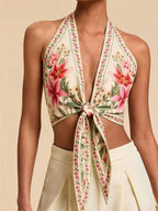 Peony Tropical Floral Print Tie Front Halter Top