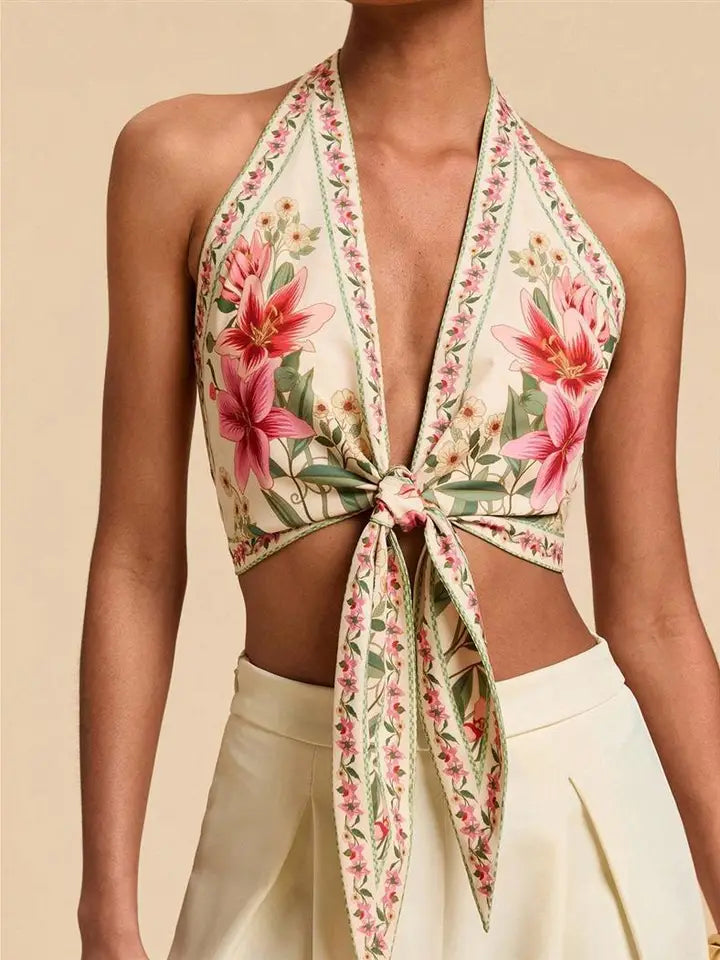Peony Tropical Floral Print Tie Front Halter Top