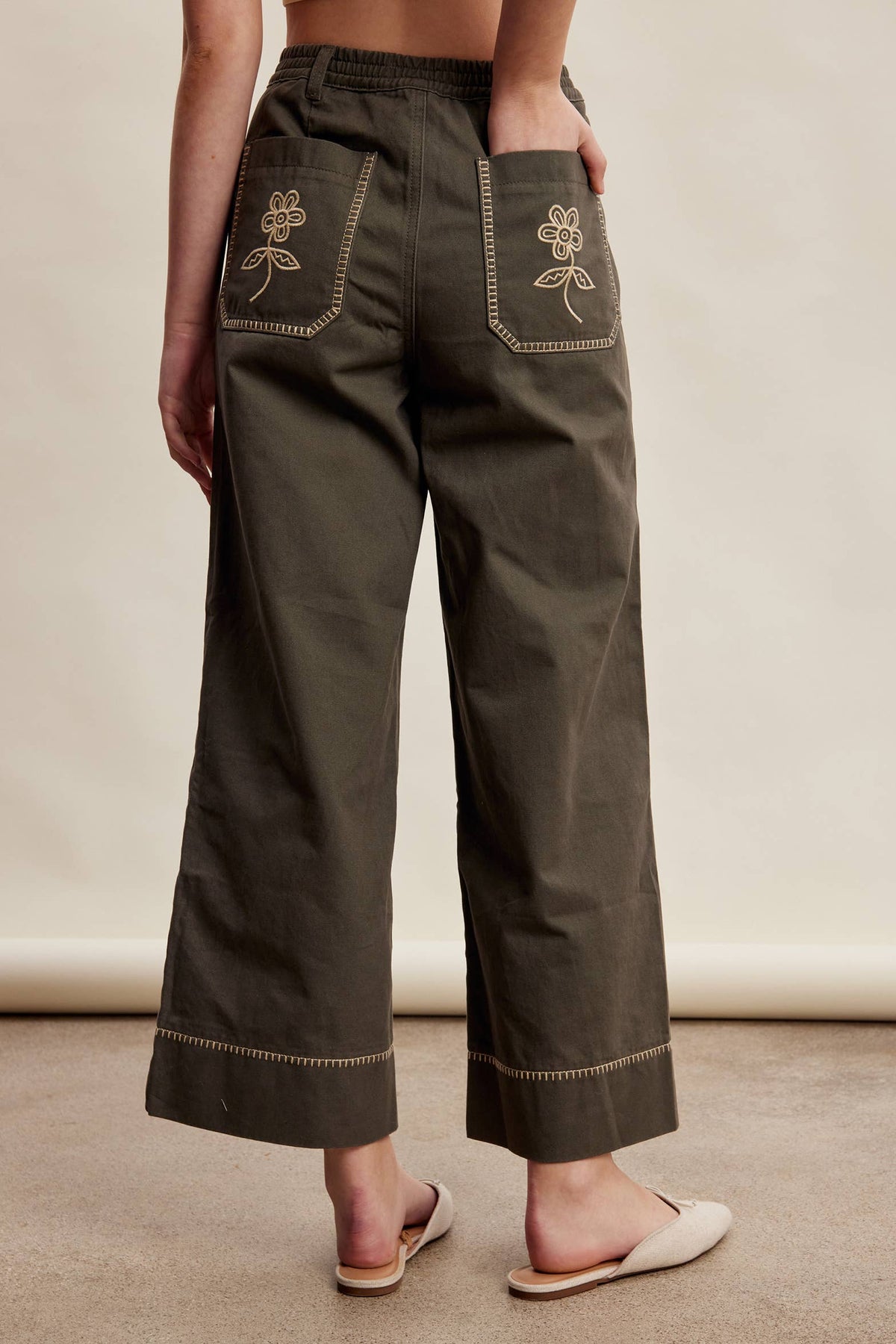 Floral Embroidered Cropped Wide-Leg Pants