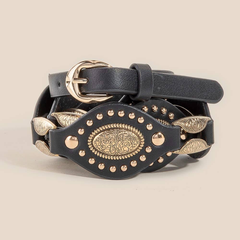 Faux Leather Oval And Concho Chain Belt
