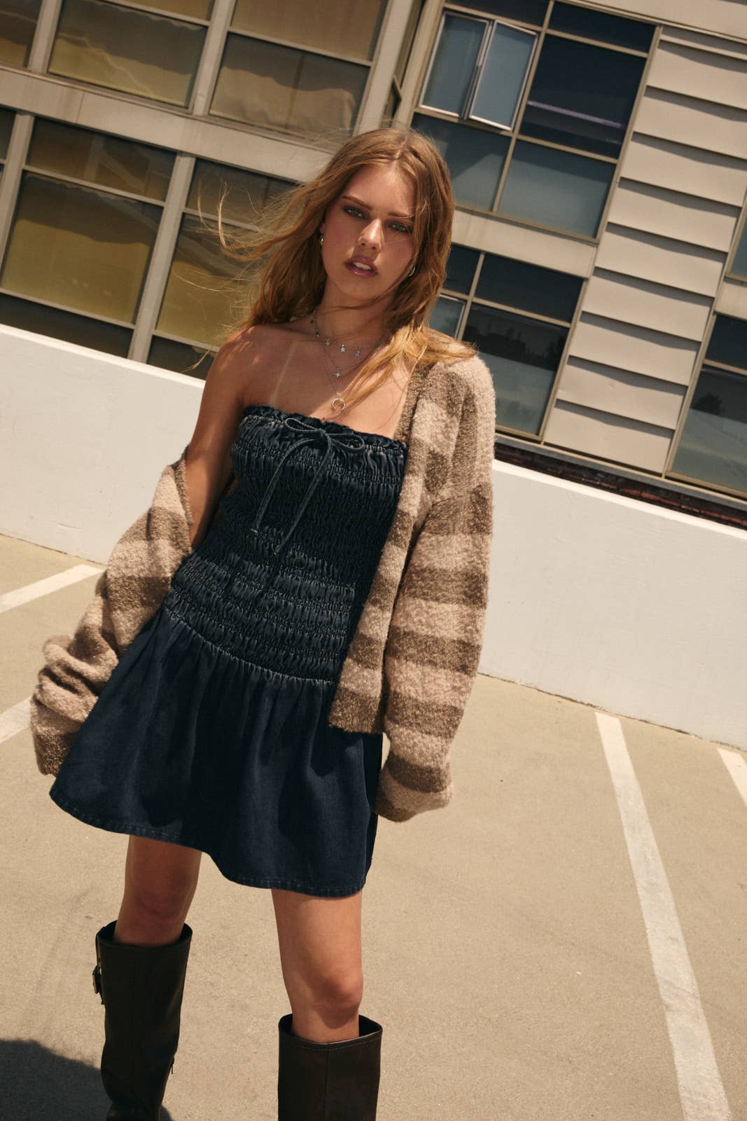 SMOCKING BODICE DENIM TUBE DRESS