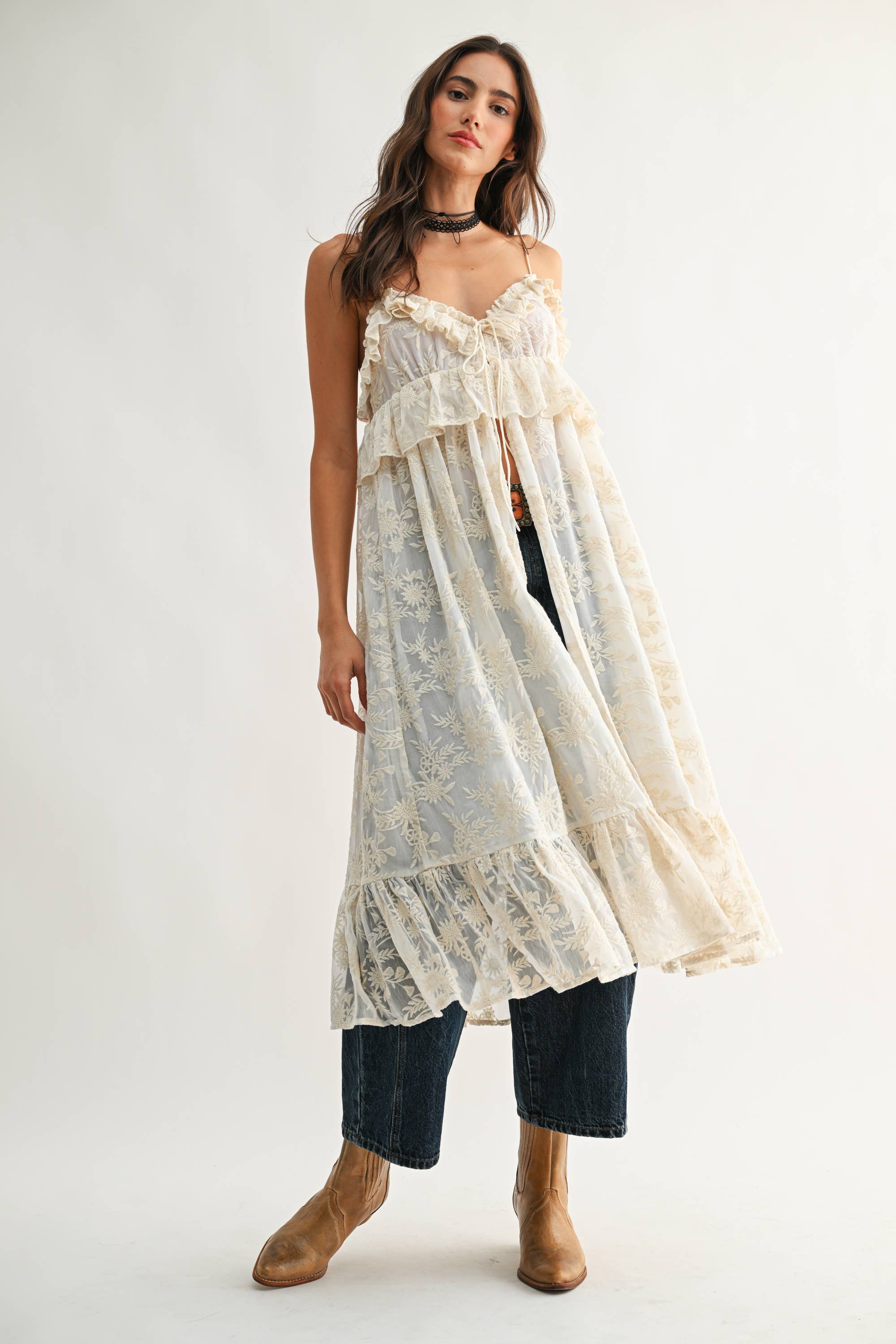 Sheer Floral Lace Ruffle Cover Up Top