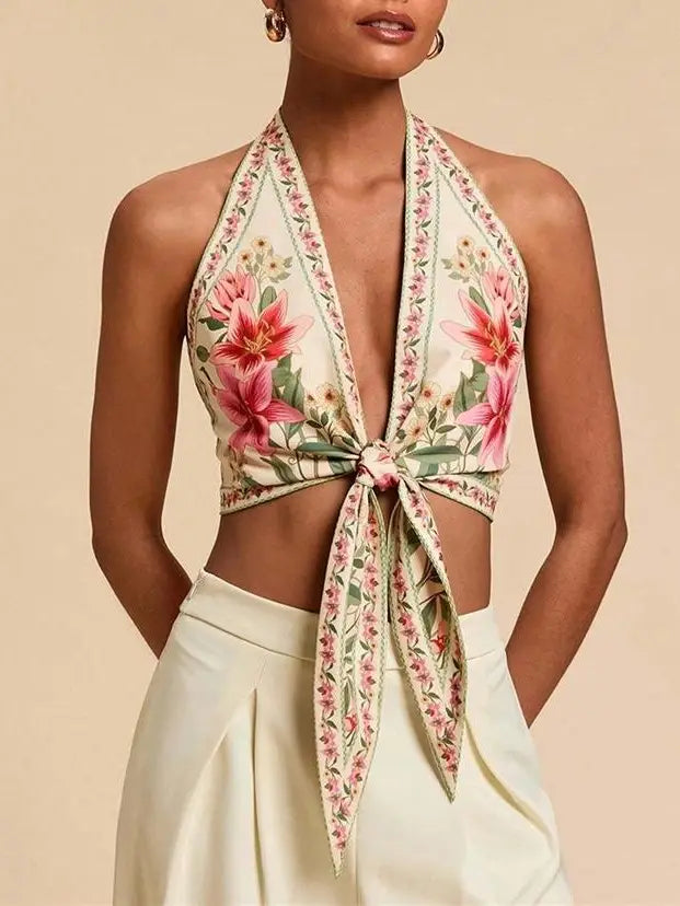 Peony Tropical Floral Print Tie Front Halter Top