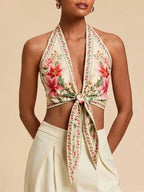 Peony Tropical Floral Print Tie Front Halter Top