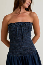 SMOCKING BODICE DENIM TUBE DRESS