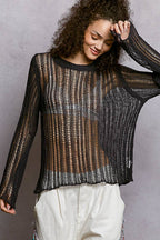 Round Neck Open-Knit Long Sleeve Sheer Sweater Top