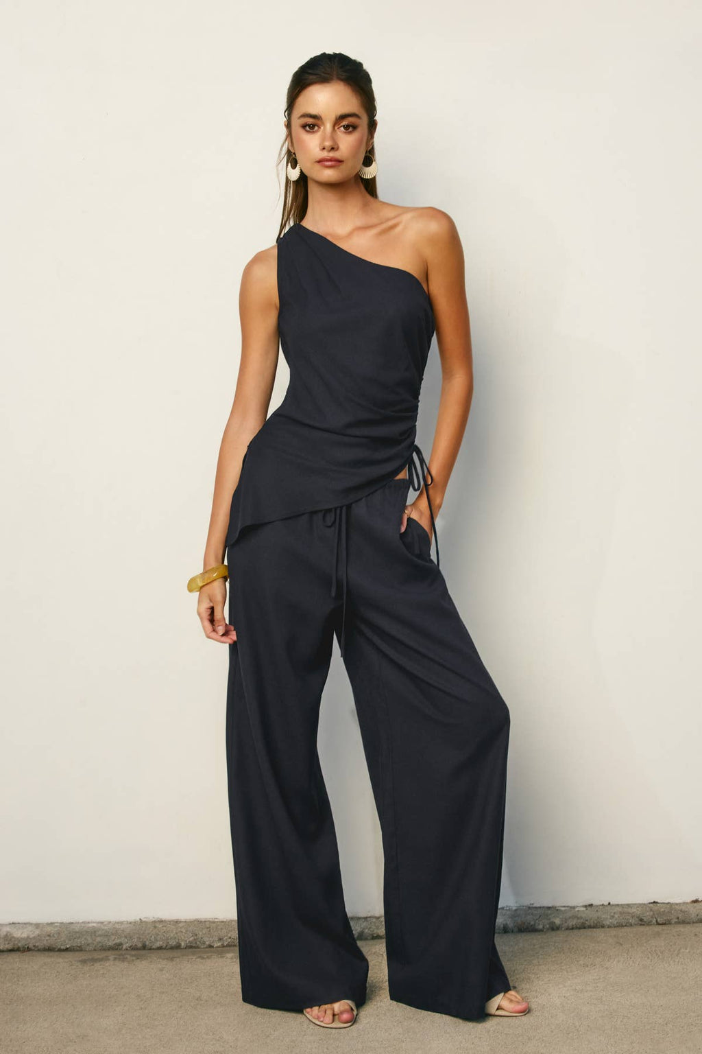 Linen One Shoulder Ruched Top