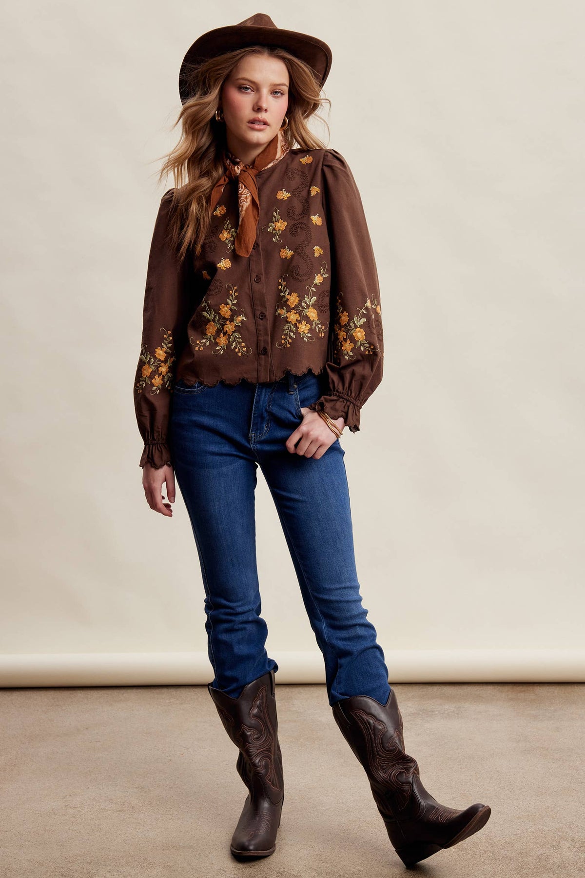 Embroidered Scallop Hem Cotton Blouse