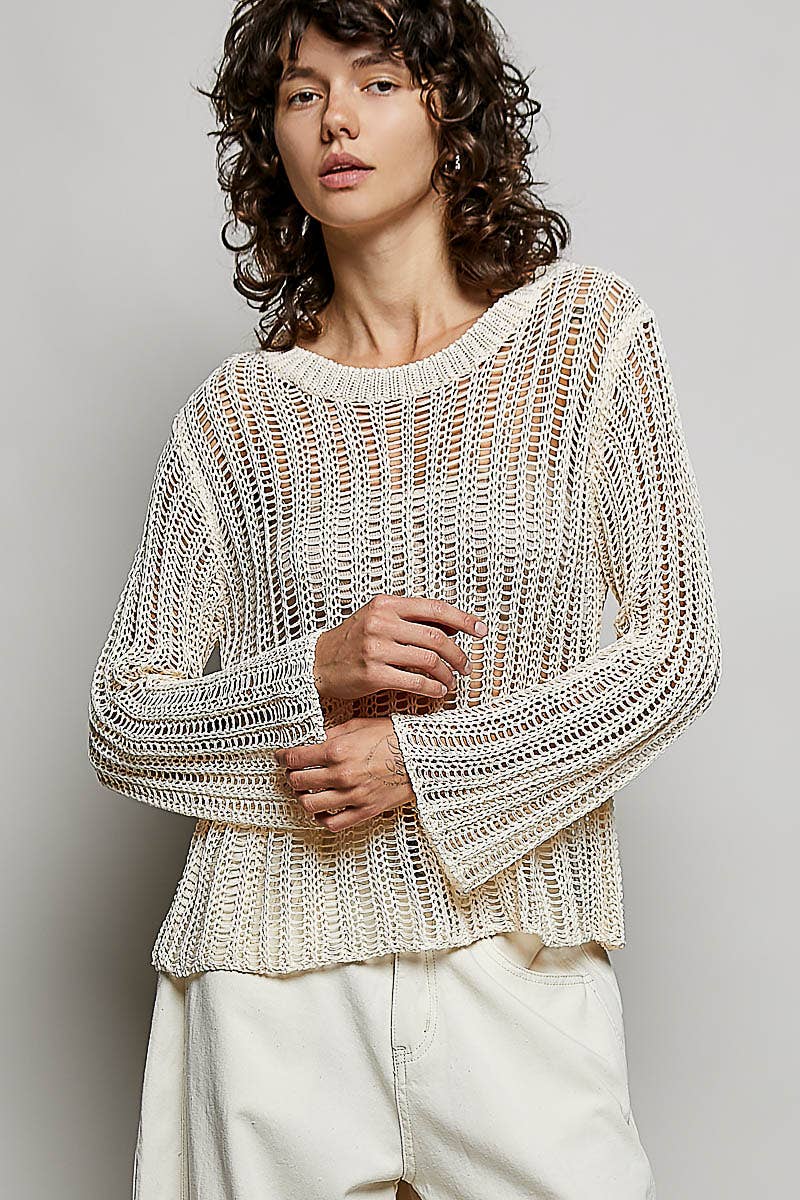 Round Neck Open-Knit Long Sleeve Sheer Sweater Top