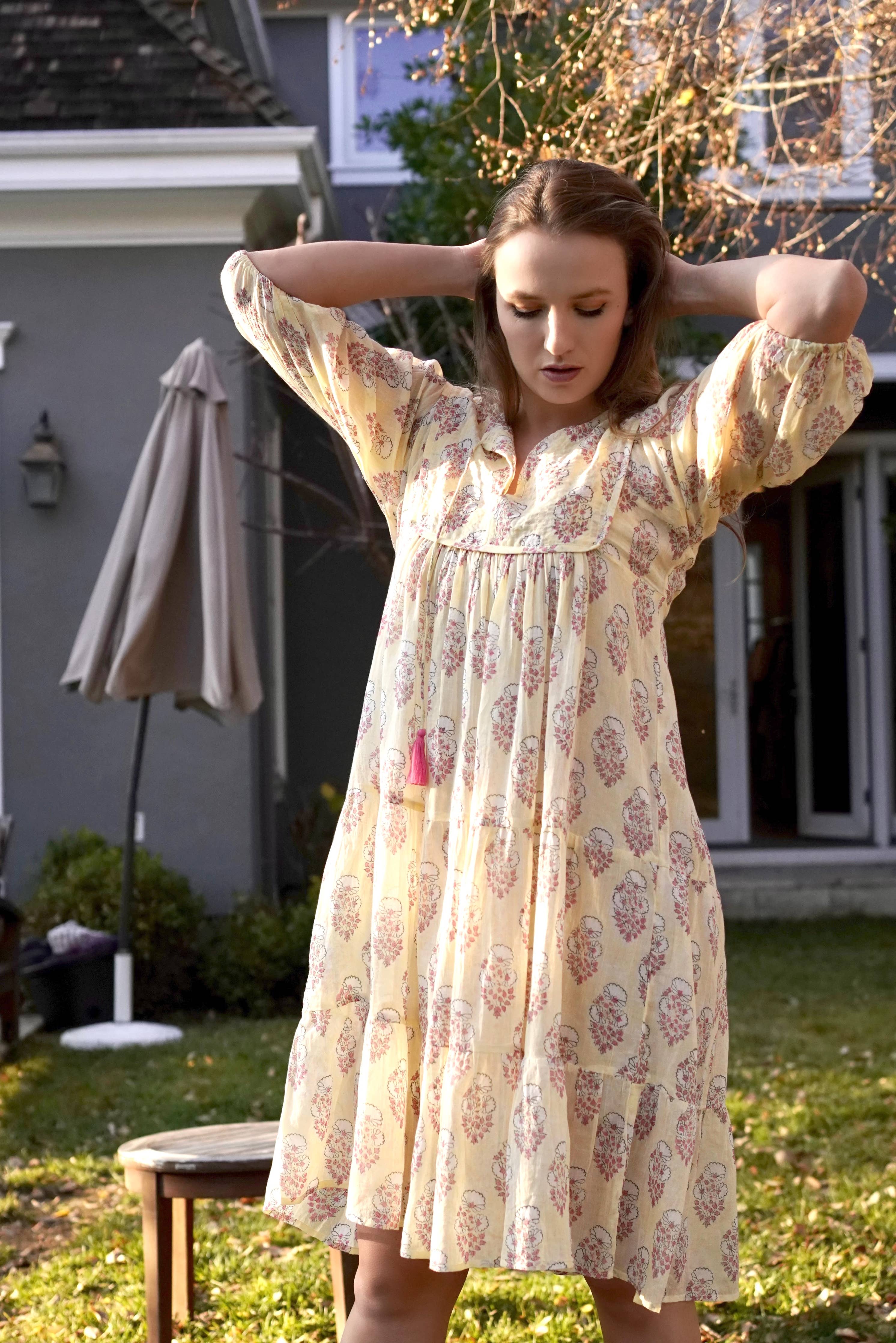 Rumi Block Printed Dress Yellow