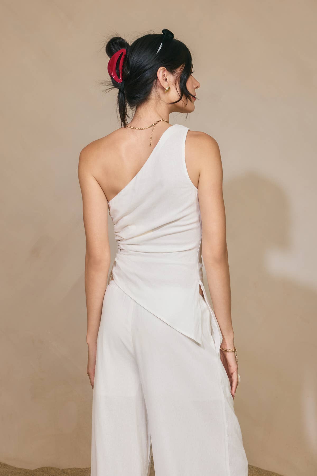 Linen One Shoulder Ruched Top