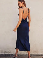 Satin Chevron Seam Open Back Dress