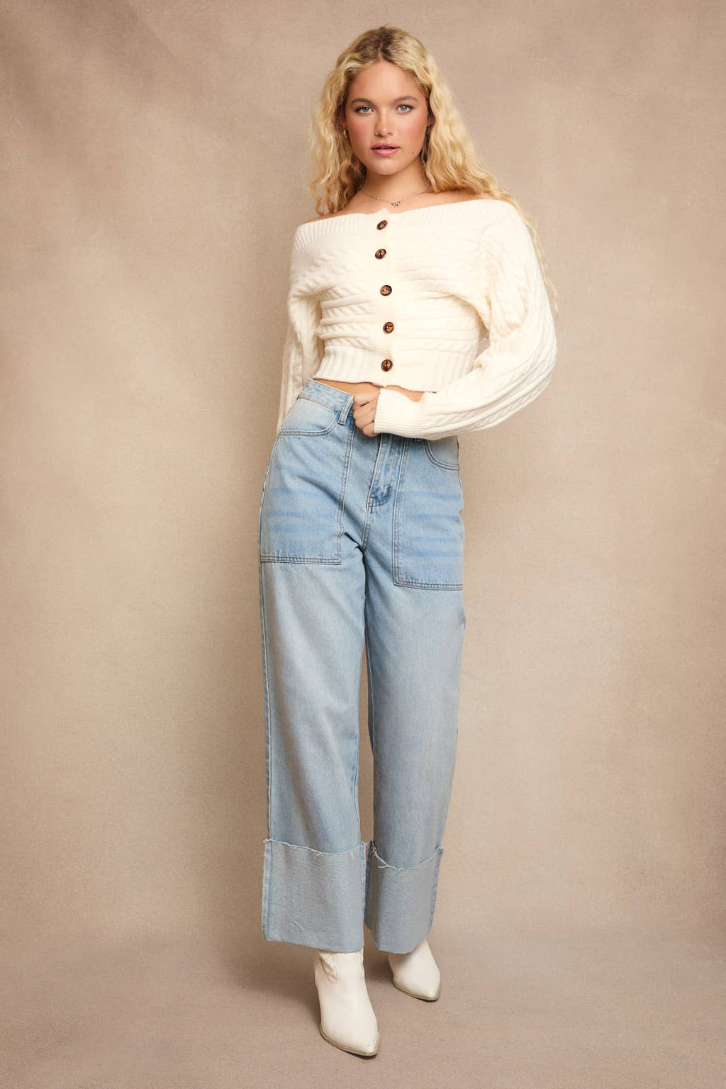 Off-Shoulder Button Sweater