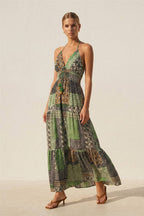 Bohemian Patchwork Halter Open Back Maxi Dress