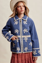 Embroidered Lace Trim Quilted Jacket