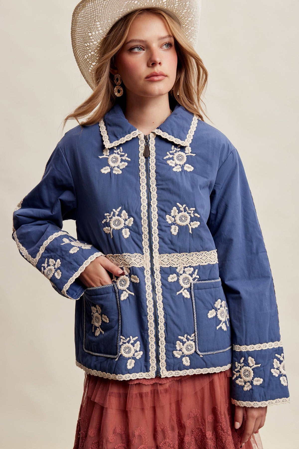 Embroidered Lace Trim Quilted Jacket