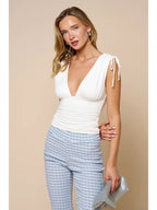 Ruched V-Neck Tie Shoulder Sleeveless Top